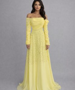 فستان سهرة أصفر فاتح فخم بأكمام طويلة | فساتين حفلات ومناسبات في السعودية –