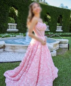 فستان أميرة وردي فخم منفوشة بتطريز ورود ثلاثي الأبعاد