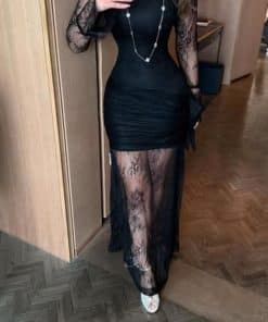 فستان سهرة أسود دانتيل شفاف بتصميم عصري جذاب