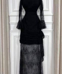 Alternative view of فستان سهرة أسود دانتيل شفاف بتصميم عصري جذاب