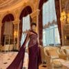فستان سهرة نبيتي فاخر بتصميم دانتيل مع شال طويل