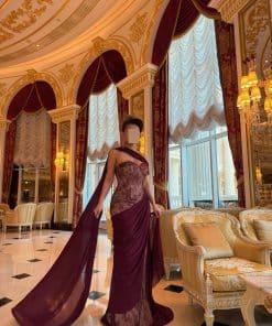 فستان سهرة نبيتي فاخر بتصميم دانتيل مع شال طويل