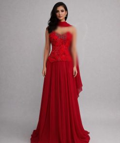 فستان سهرة أحمر فخم مطرز بتفاصيل أنثوية