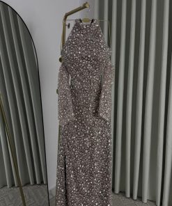 Alternative view of فستان سهرة روز جولد لامع فاخر بأكمام طويلة وتصميم ضيق