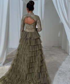 Alternative view of فستان سهرة زيتي فاخر بتطريز دانتيل