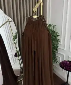Alternative view of فستان حوامل بني فاخر بكاب شيفون وتطريز يدوي