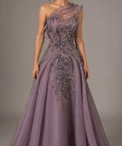 فستان سهرة طويل موف مزخرف بالتطريز الفاخر