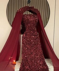 فستان سهرة نبيتي لامع مرصع بالكامل مع شال طويل فاخر