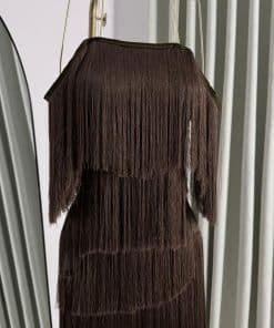 Alternative view of فستان سهرة بني شراشيب طويل بتصميم فاخر وراقي