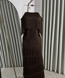 فستان سهرة بني شراشيب طويل بتصميم فاخر وراقي