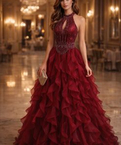 فستان سهرة أحمر فاخر بذيل كشكش وتطريز كريستال راقٍ