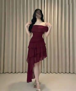 Alternative view of فستان قصير أحمر وعودي أوف شولدر بقصة غير متماثلة