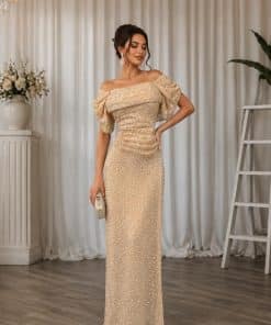 فستان سهرة شامبين فاخر أوف شولدر بتطريز لامع