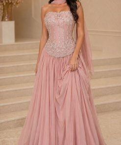 فستان سهرة وردي غباري بتطريز كريستال