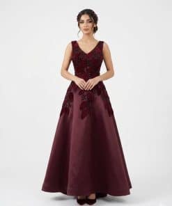 فستان سهرة أحمر داكن منفوش بتطريز دانتيل فاخر