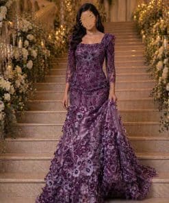 فستان سهرة موف فاخر بتطريز ثلاثي الأبعاد وذيل ملكي