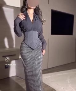 فستان سهرة رمادي فخم وأنيق