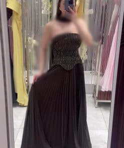 فستان سهرة طويل بدرجتي البني والنبيتي مع شال فاخر