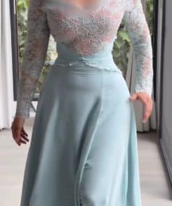 Alternative view of فستان سهرة طويل أزرق فاتح فاخر بأكمام شفافة وتطريز رائع