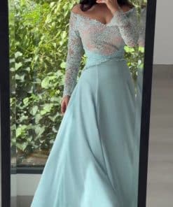 فستان سهرة طويل أزرق فاتح فاخر بأكمام شفافة وتطريز رائع