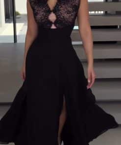 Alternative view of فستان سهرة أسود طويل بدانتيل فاخر وقصة ناعمة