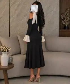 Alternative view of فستان أسود العيد ميدي بتفاصيل أوف شولدر
