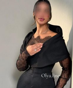 فساتين سهرة جدة فستان أسود فخم بدانتيل وشال