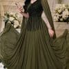 فستان سهرة زيتي طويل بتطريز أسود فاخر وأكمام شيفون