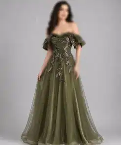 فستان سهرة زيتي منفوش