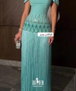 Alternative view of فستان سهرة أخضر نعناعي بتصميم شراريب وتطريز فاخر
