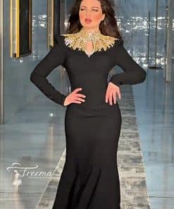 فستان سهرة أسود فاخر أكمام طويلة
