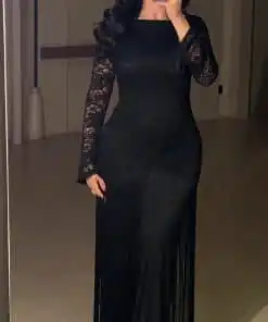 فستان سهرة أسود فاخر دانتيل وشراشيب