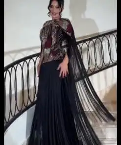 Alternative view of فستان سهرة أسود طويل بتوب ترتر وشراشيب