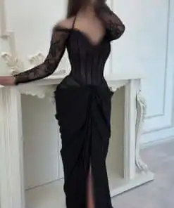 فستان سهرة أسود أوف شولدر بكورسيه دانتيل ودرابيه