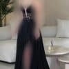 فستان سهرة أسود دانتيل مطرز بفتحة ساق