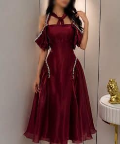 فستان سهرة عنابي ميدي