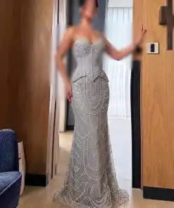 فستان سهرة بدون أكمام بيج فضي