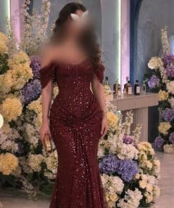 فستان سهرة عنابي لامع بترتر وقصة أوف شولدر ميرميد