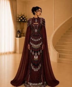 فستان سهرة عنابي فاخر وكاب منسدل