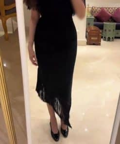 فستان سهرة أسود ميدي بشراشيب