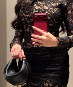 فستان سهرة أسود دانتيل بياقة وأكمام طويلة