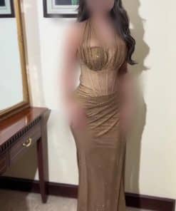 فستان سهرة ذهبي لامع بقصة حورية ودرابيه فاخر