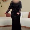 فستان سهرة أسود لامع بأكمام دانتيل