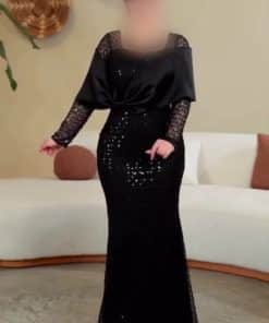 فستان سهرة أسود لامع بأكمام دانتيل