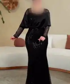 فستان سهرة أسود لامع بأكمام دانتيل