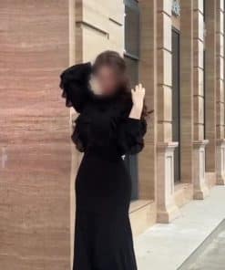 فستان سهرة أسود بكشكشة فاخرة وقصة حورية