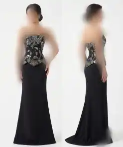 فستان سهرة أسود طويل بكورسيه مطرز بالفضي والأزرق