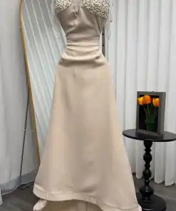 Alternative view of فستان سهرة بيج نيود طويل بأكمام مرصعة ولؤلؤ