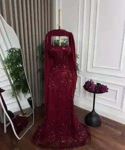 Alternative view of فستان سهرة عنابي بقصة حورية وكاب طويل مطرز