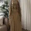 فستان سهرة ذهبي ساتان بكاب ترتر لامع